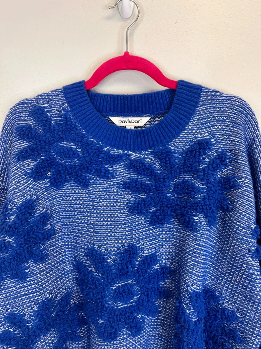 Blue Floral Oversized Textured Knit Sweater Size L Quirky Dopamine Colorful Fun - Picture 2 of 10
